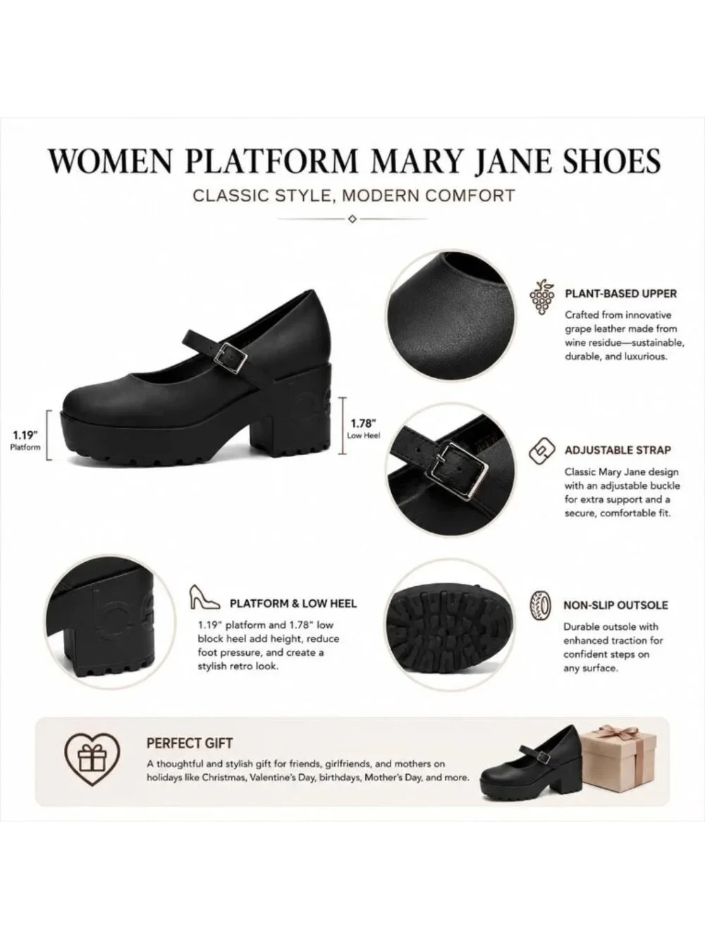 Stylish Vegan Platform Mary Jane Shoes for Women - Comfortable Chunky Heel Pumps